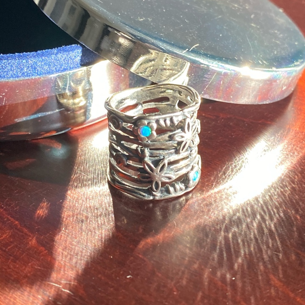 Silver Floral Ring with Turquoise Accents